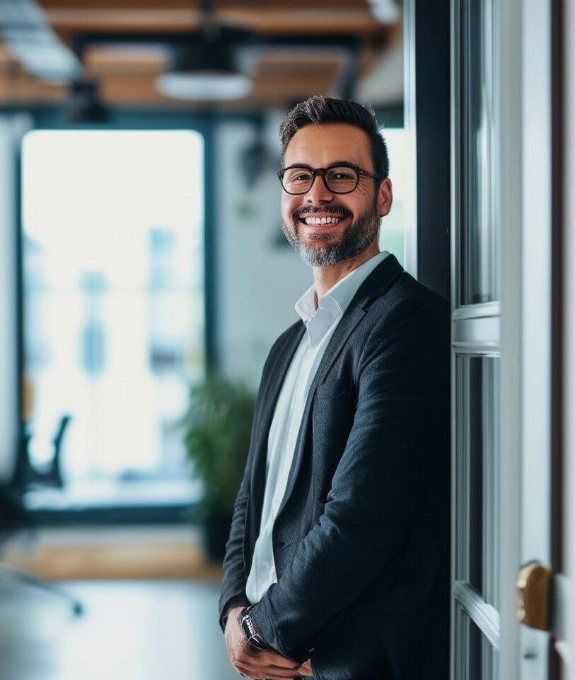 A business consultant standing and waiting in the door smilling waiting for the client-1