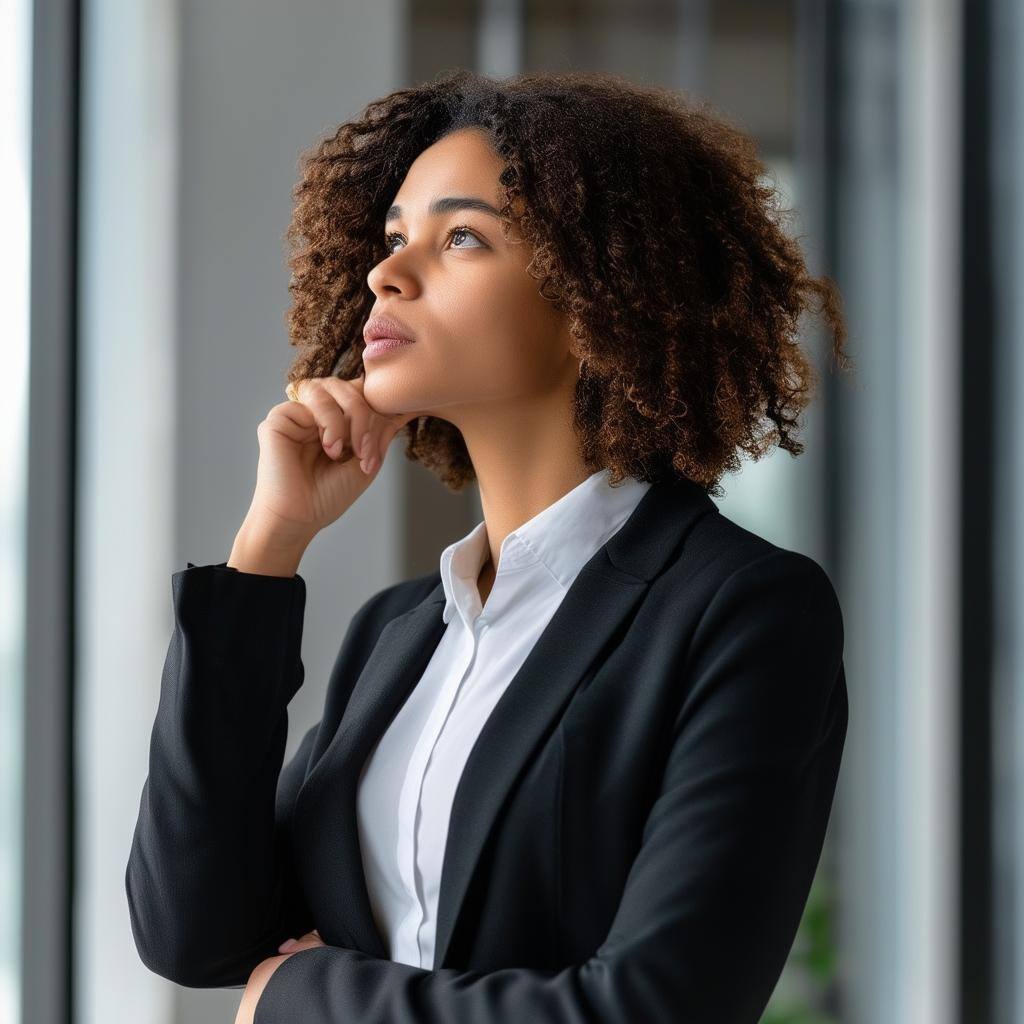 a lady standing and thinking wearing professional attire whole body-1